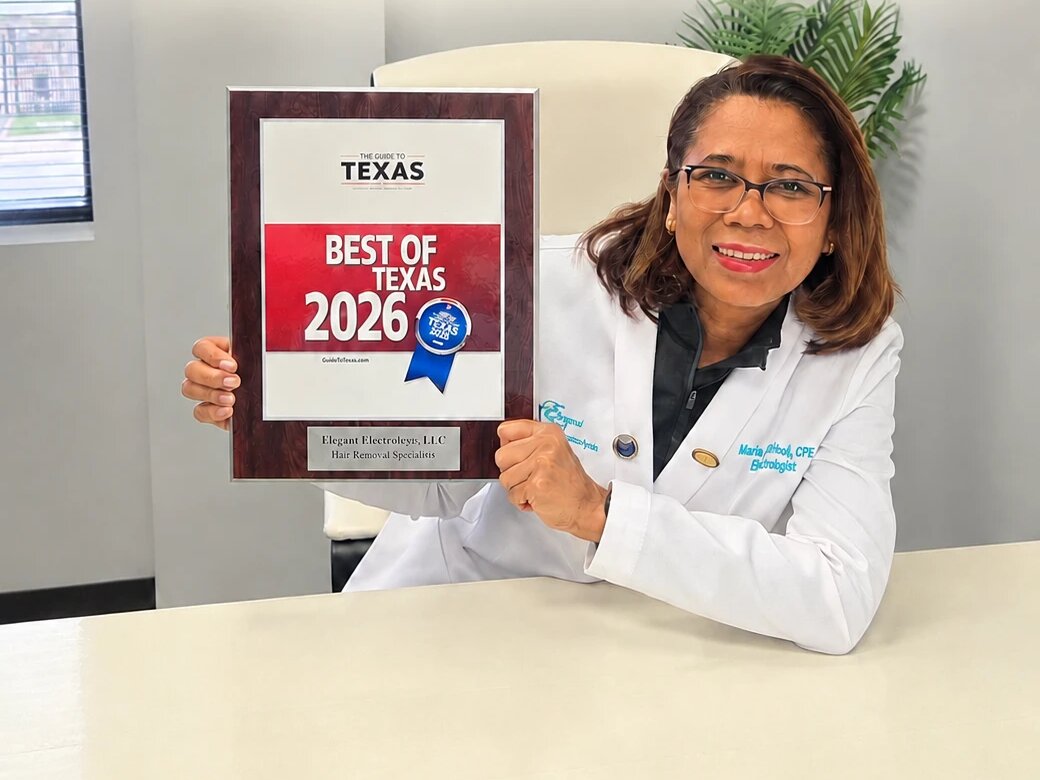 Maria, a Dallas Institute of Electrolysis graduate, holding the Best of Texas 2026 award for her Houston practice, Elegant Electrolysis